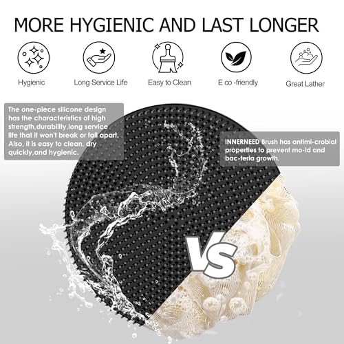 INNERNEED Food-Grade Soft Silicone Body Scrubber Shower Brush Handheld Cleansing Skin Brush, with Exfoliating Net Sponge Case (Pack of 4)