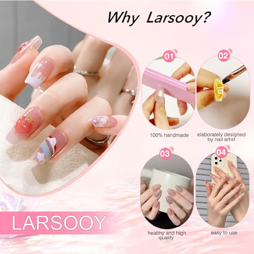 LARSOOY Nails Handmade Press on Nails Long Coffin | Handmade nails with flowers | Reusable hand painted Nails with Design | False Nails 10 Pcs (Rosa Multiflora, S)