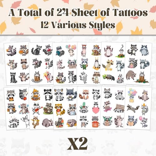 Raccoon Temporary Tattoo Stickers, 144 PCS 24 Sheets Party Favors