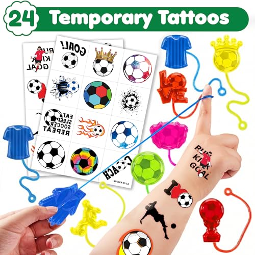 48PCS Soccer Party Favors - 24PCS Temporary Tattoos & 24PCS Stick Hands - Perfect Birthday Party Supplies, Goodie Bag Stuffers, Treasure Box Toys, Classroom Prizes, and Student Gifts