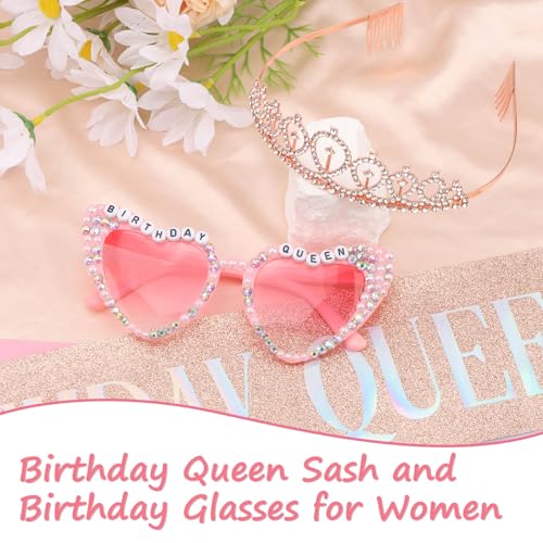 Birthday Queen Sash, Crown & Glasses Set - Rose Gold Party Decor
