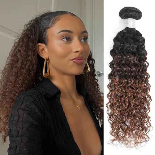 12A Brown Ombre Human Hair Bundles Water Wave 20 Inch, Chestnut Ombre Brown Wet n Wavy Single Bundle with Dark Roots 3 Tone Color #T1B/2/30 Thick Sew In Weave Remy Hair Keep Soft After Washes
