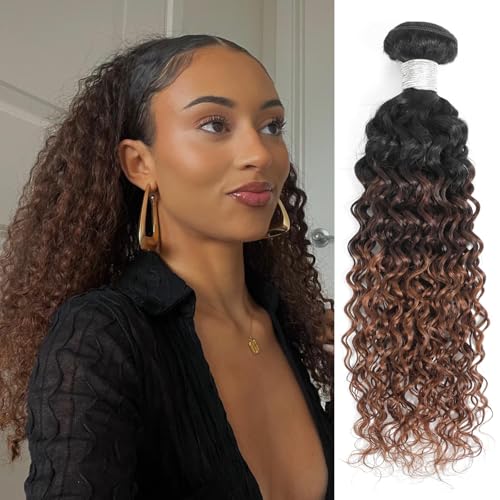 12A Brown Ombre Human Hair Bundles Water Wave 18 Inch, Chestnut Ombre Brown Wet n Wavy Single Bundle with Dark Roots 3 Tone Color #T1B/2/30 Thick Sew In Weave Remy Hair Keep Soft After Washes