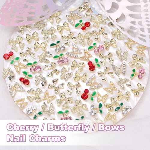70 Pcs Cherry Nail Charms Gems, 3D Butterfly Bowknot Nail Art Charms, Alloy Bow Gold Butterfly Nail Gems Charms for Acrylic Nails, Gold Bows Nail Art Charms for Nails DIY Y2K