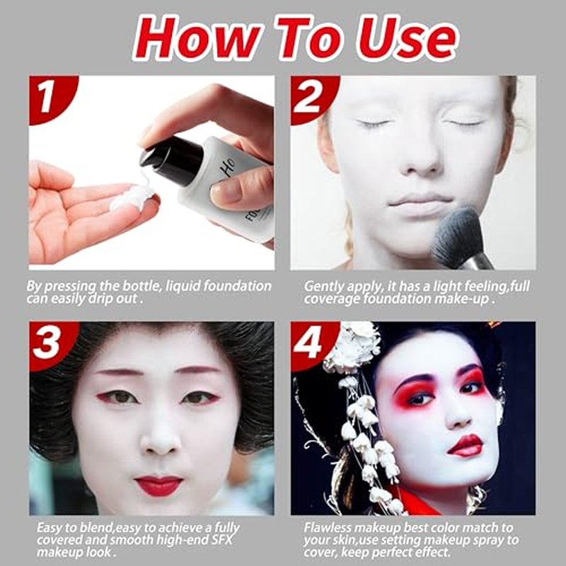 Go Ho White Liquid Foundation,Full Coverage White Foundation Color Corrector Demi Matte Finish for Goth Clown Vampire Skeleton Makeup,Daily,Cosplay,Halloween Makeup for Costume & Stage