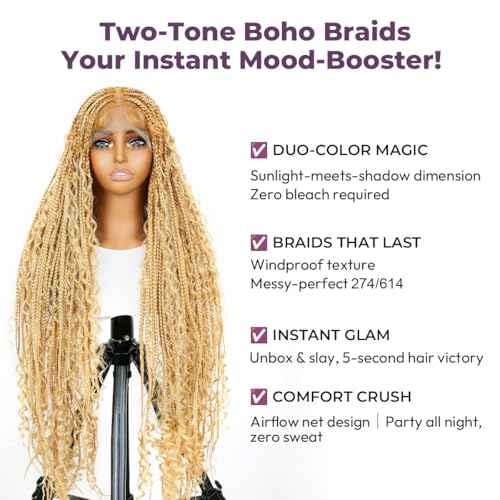 SUPERNOVA 36 Inches Full Lace Boho Box Braided Wig T274/614# Ombre Blonde Synthetic Braids Wig With Baby Hair Bohemian Long Highlight Square Knotless Braided Wigs For Black Women (36 Inch)