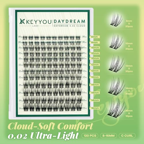 KEYYOU 0.02mm Natural Lash Clusters - 120 Pcs Wispy Extensions