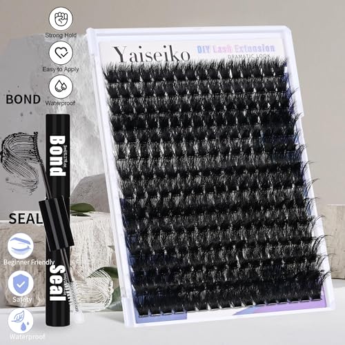 Lash Clusters Kit 12-25mm Thick Cluster Eyelash Extensions Kit 224Pcs 150D Volume Individual Lashes with Lash Bond and Seal Wispy D Curly Waterproof Matte Black False Eyelashes, by Yaiseiko