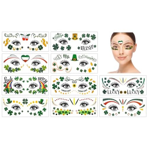 HOWAF 10 Sheets St Patrick's Day Face Tattoo Stickers,Shamrock Clover Facial Makeup Sticker Face Eye Tattoos for St. Patrick's Day Party Accessory, Irish Green Party Glitter Face Art Temporary Tattoos