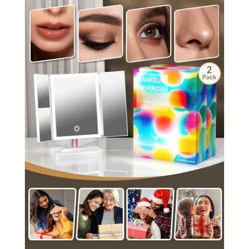 2 Pack for Mom Makeup Mirror Vanity Mirror with Lights, 14.4" L x 9.1" W Rechargeable Lighted Mirror with 1X 2X, 3X, Magnification