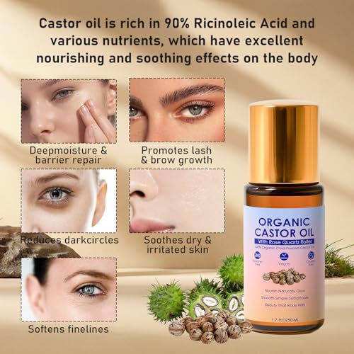 Organic Castor Oil Roll-On with Rose Quartz Roller | Cold-Pressed, Unscented, 1.7 fl oz