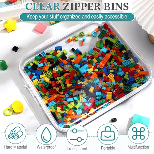 Sanwuta 4 Pcs Clear Hard Zipper Case with Handle Office Storage Cases Hard Plastic Pouches Transparent Bins for Crafts, Snacks, Cosmetics, Puzzles(13.8 x 11.8 x 2 Inches,White)