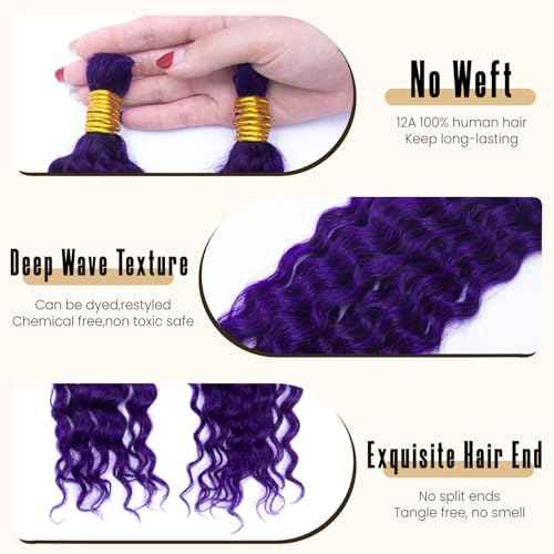 KRN Purple Human Braiding Hair for Boho Braids 110g 12A Deep Curly Purple Braiding Hair Knotless Boho Braids 100% Virgin No Weft Extensions Human Hair 2Bundles/Pack Dark Purple Color 16Inch