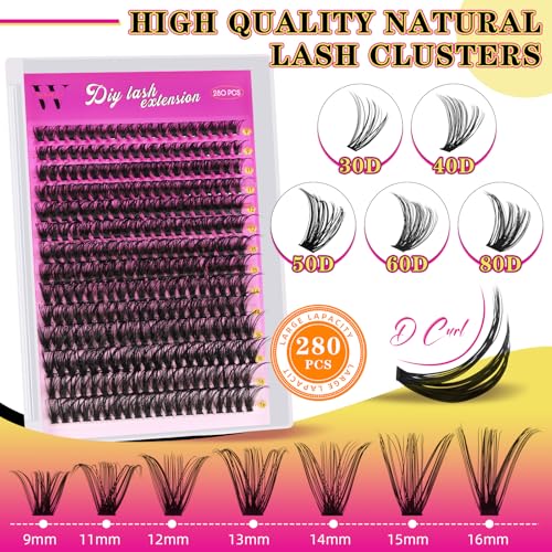 Lash Clusters 280PCS Individual Lashes D Curl Eyelash Clusters Mixed Length Cluster Eyelash Extensions Clusters Lashes with Thin Band Soft False Eyelashes DIY at Home(50D,D-Mix9-16mm)