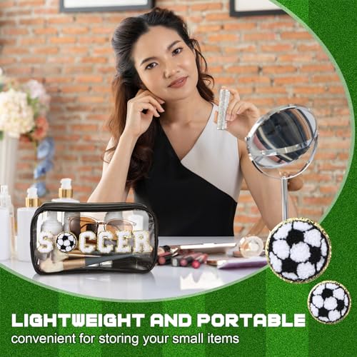 12 Pcs Soccer Clear Cosmetic Makeup Bag with Chenille Letter Patch Sport Goodie Clear PVC Pouch Organizer Waterproof Travel Toiletry Bags for Sports Theme Birthday Party Supplies