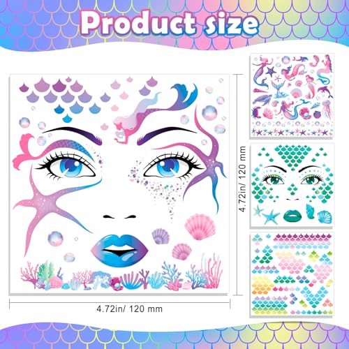 HOWAF 4 PCS Summer Face Tattoos, Mermaid Face Sticker Flower Shell Temporary Tattoos Stickers for Fish Mermaid Costume Carnival Halloween Costume Women
