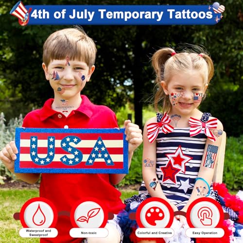 4th of July Tattoos Temporary for Kids Adults 20 Sheets 158PCS Fourth of July Party Favors Patriotic Stickers Independence Day Accessories American Flag Red White and Blue Decorations Party Supplies