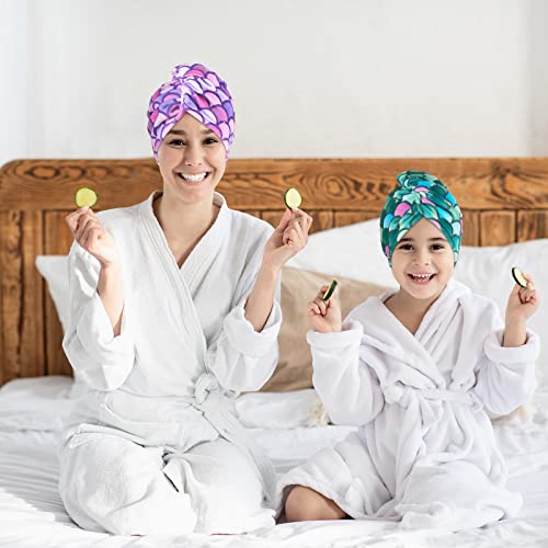 WAWSAM 2 Pack Kids Hair Drying Towels Girls Unicorn Wet Hair Towel Quick Dry Twisty Hair Towels (Green + Purple Mermaid)