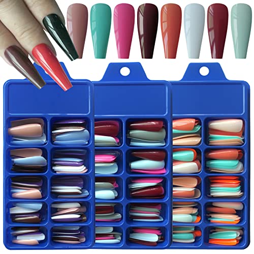 LoveOurHome 300pc Long Coffin Press on Nails Kit Colored Full Cover Fake Nail French Acrylic Tips Ballerina Artificial Fingernails Manicure Decor 15 Colors XMAS Gift for Women Girls