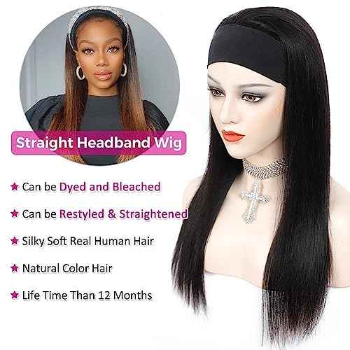 TNICE Headband Wig Human Hair Straight 20 Inch Brazilian Virgin Human Hair Headband Wigs for Black Women Glueless None Lace Front Human Hair Wigs Straight Headband Wigs Natural Color 150% Density