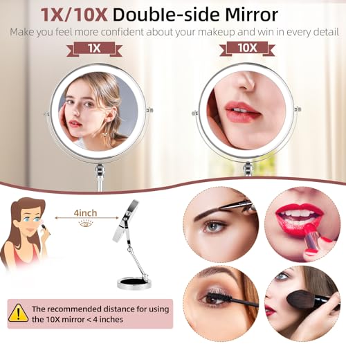 8" Rechargeable Lighted Makeup Mirror with Magnification, Adjustable Height & Brightness 1X/10X Double Side Magnifying Mirror with Light, 3 Color Lighting 360¡Æ Rotation Storable Base, Chrome