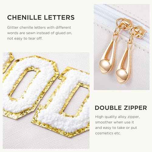 HBselect Preppy Makeup Bag 4 Pcs Travel Toiletry Bag Chenille Letter Patch Makeup Bag Portable Cosmetic Bag for Women PU Leather Waterproof Organizer Make up Bag for Women Girls