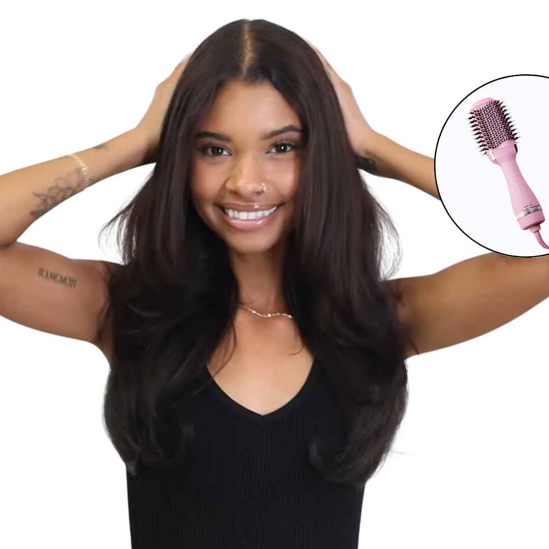 FoxyBae All-in-One Hair Styler - Ceramic Oval Barrel Blow Dryer Brush (75mm) for Drying, Curling, Volumizing & Straightening Hair [Party Pink]