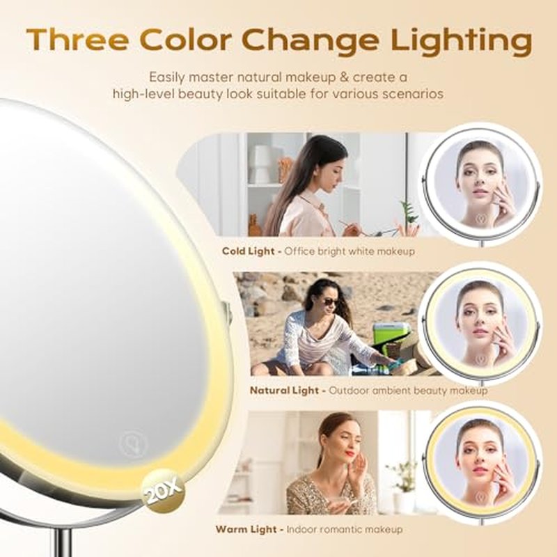 9" Makeup Mirror with Lights, 20X Vanity Mirror with Lights,3 Color Height Adjustable Lighted Makeup Mirror with Magnification, 5000mAh Rechargeable 360¡Æ Double Sided LED Mirror for Desk, Women Gift