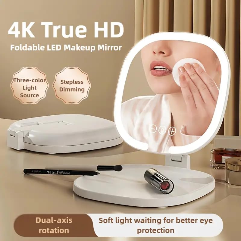 Foldable Travel Mirror with 4K Magnification & 3 Color Lights