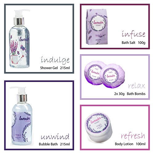 Aromatherapy Essentials Spa Set for Women in Large Silver Tub Bath Set Includes 2 Bath Bombs, Body Lotion, Bath Salts, Shower Gel, and Bubble Bath (Lavender) ? Mother's Day Gift for Mom