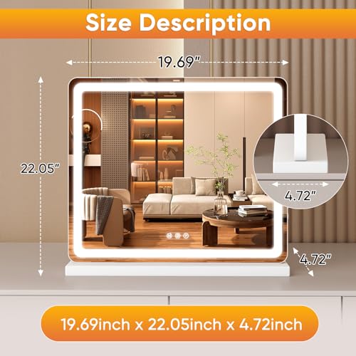 NEWBULIG 20"x22" LED Vanity Mirror with Lights, Lighted Tabletop Makeup Mirror, Touch Control Dimmable Brightness, 3 Color Lighting Modes