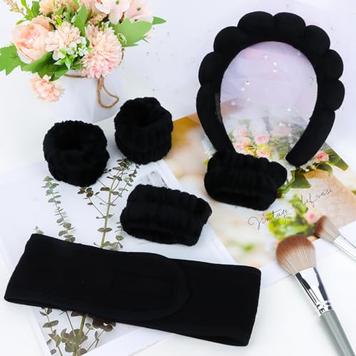 Ondder 6 Pcs Black Spa Headband and Wristband Set Makeup Spa Headband for Washing Face Bubble Headband Skin Care Headbands Face Wash Sponge Puffy Headband Head Bands Headbands for Women Girls