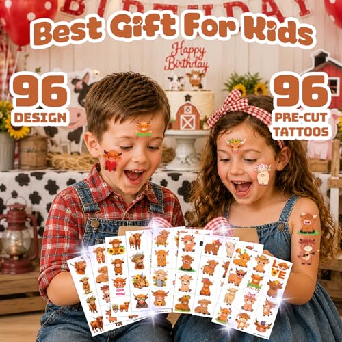 96 Pc Cow Print Temporary Tattoos for Kids - Farm Theme Party Favors