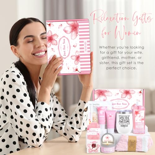 Bath Gift Set For Women, 12PCS Bath Sets For Women Gift, Birthday Valentine's Day Gifts Self Care Package for Her Mom Friend Sister Wife, Cherry Blossoms Relaxing Spa Gift Basket