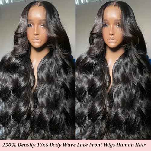 13x6 HD Frontal Wig 250 Density HD Lace Front Wigs Human Hair Pre Plucked with Baby Hair Brazilian Virgin Hair Glueless Body Wave Wig 18 Inch Transparent Lace Front Wigs Human Hair Natural Black