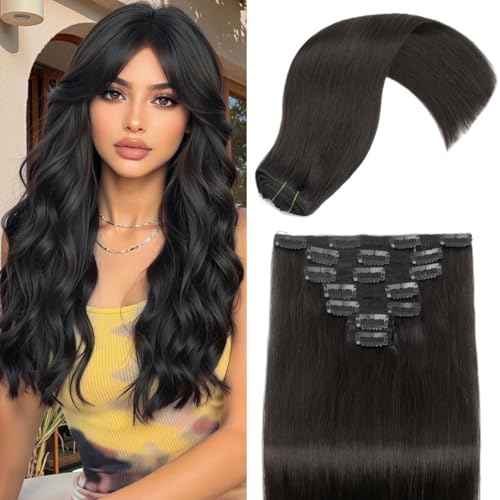 Clip in Hair Extensions Real Human Hair,7Pcs 120g 10A Brazilian Virgin Human Hair Clip in Extensions for Women Natural Black Straight Invisible Seamless Human Hair Extensions 16 Inch Double Weft