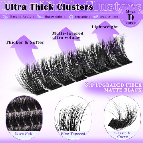 Thick Lash Clusters 180D Mega Volume Lash Extension 12-22mm Long Cluster Eyelashes Volume Individual Lashes D-Curly Faux Mink Eyelash Extension DIY Lash Extension for Beginners by FOINEMYED