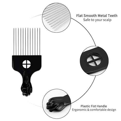Black Metal Afro Pick Combs for Curly Hair - Detangle & Style Comb for Women and Men, Durable Plastic & Metal, Fist Design for Hair Styling, Perfect for Wigs (3 Pack Hair Comb, Count, 3)