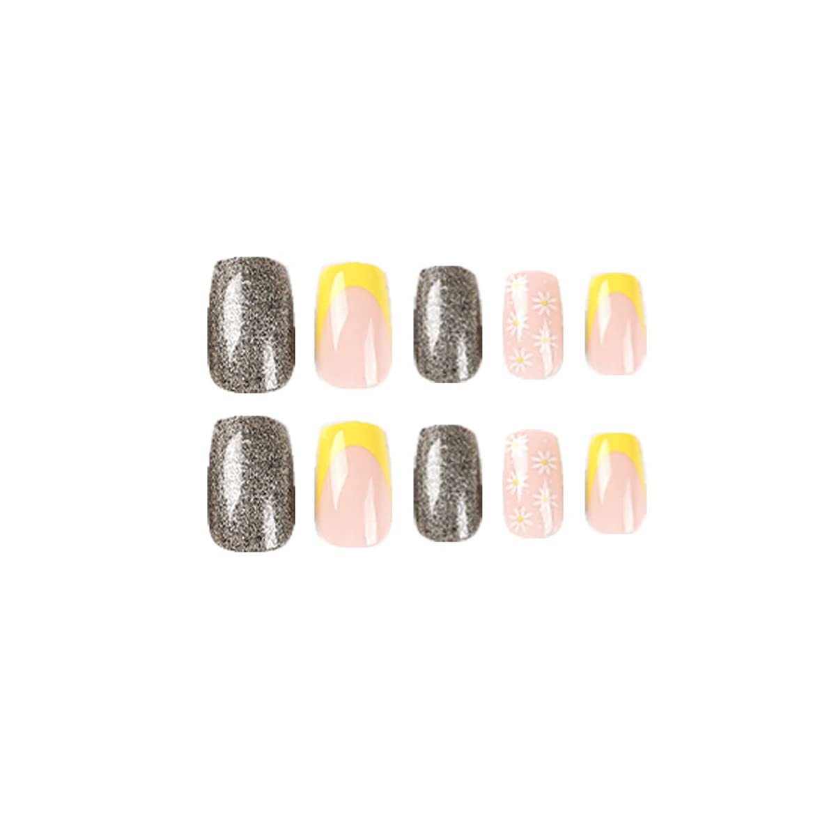 24 Pcs Square Press on Nails Short French Tip Fake Nails with Gold Glitter Line Designs Glossy Coffin Acrylic False Nails Full Cover Glue on Nails for Women Girls