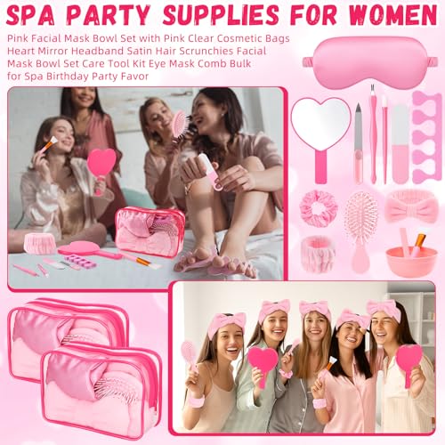Geelin 132 Pcs/12 Set Spa Sleepover Party Favor Supplies Pink Cosmetic Bags with Heart Mirror Bow Headband Satin Hair Scrunchies Facial Mask Bowl Tool Kit Eye Mask Comb for Women Bridesmaid Gifts