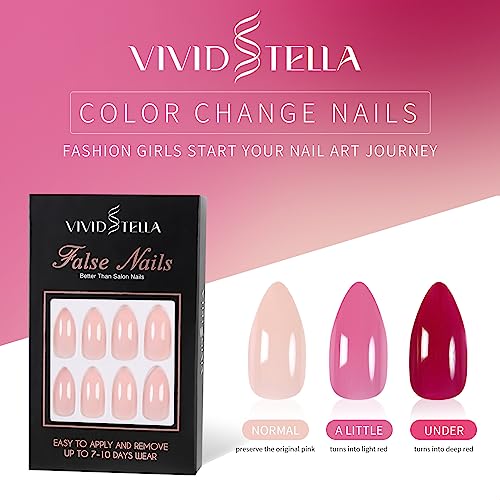 Sun Change Color Nail Tips Pink To Red Mood Change Manicure Kit Stiletto Acrylic Stick on Static Nails for Women Girls