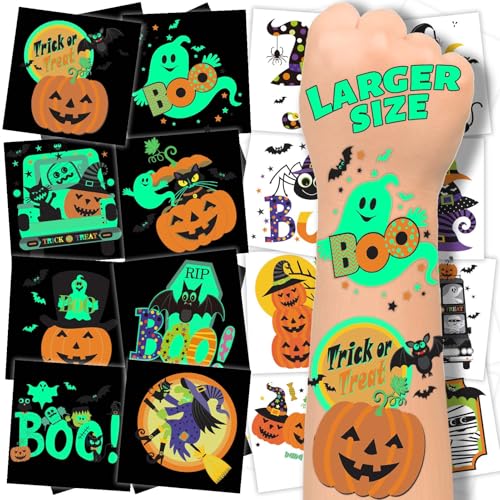 Winthrop 100 Pcs Glow in The Dark Halloween Temporary Tattoos for Kids, Individually Wrapped Waterproof Large Luminous Tattoos, 25 Cute Designs, Trick-or-Treat Party Favors, Candy Bag Alternatives