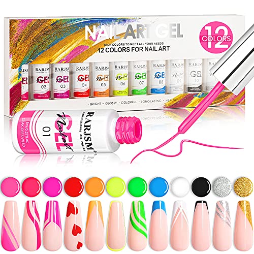 RARJSM Nail Art Gel Liner 12 Color Painted Gel Nail Polish Set and 6pcs Nail Brushes Set with Pen Holder Dotting Painting Design Tools