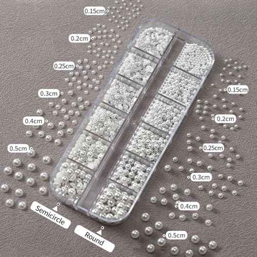 12 Grids Pearl Beads Nail Art Charms Nail Pearls White Pearl Charms for Nails Design Flat Back Pearls for Crafting Manicure Bead Kit Women Nail Beads Fingernail Decorations Cute Beads for Crafts