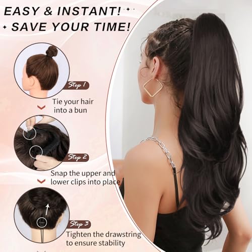 26 Inch Drawstring Ponytail Extension Dark Brown Wavy