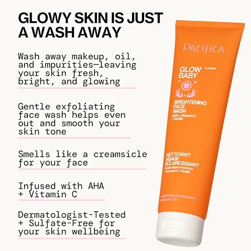 Pacifica Glow Baby Brightening Facial Cleanser 5oz ? Vitamin C & Glycolic Acid (AHA) Face Wash for Radiance ? Daily Cleanser for Anti-Aging Exfoliating for Smooth, Even Glowing Skin Vegan Clean Beauty