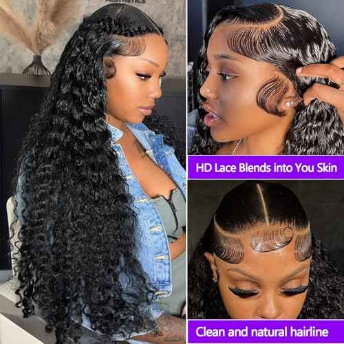 Lemoda 13x6 Water Wave Lace Front Wigs Human Hair 18 inch HD Lace Brazilian 15A Deep Wave Frontal Wigs 180% Density 13x6 Curly Human Hair Wig with Baby Hair Glueless Water Wave Wig For Black Women