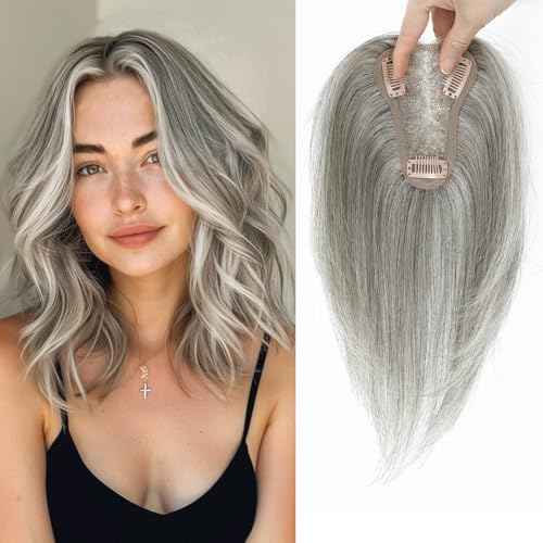Hair Toppers for Women Upgrade Swiss Lace Base Hair Topper 10inch Hairpieces for Women with Hairloss (Mixed Grey)