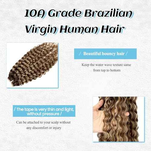 Highlights Tape in Hair Extensions Human Hair for Black Women Water Wave Tape in Extensions Human Hair 18¡± Loose Curly Ombre Chocolate Brown to Honey Blonde Highlights Real Remy Skin Weft Extension