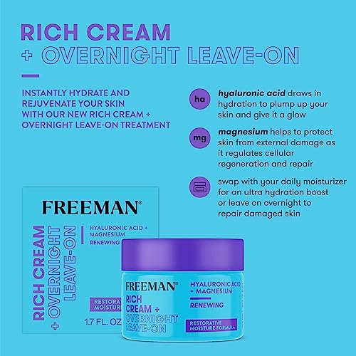 Freeman Rich Cream + Overnight Leave-On, Moisturizing Face Mask, Facial Mask For Dry Skin, Face Cream Infused With Magnesium & Hyaluronic Acid To Hydrate & Soothe Skin, 1.7 fl.oz./ 50 mL Jar